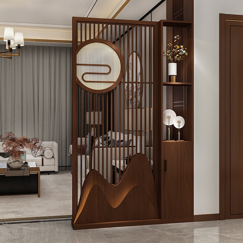 聚沁源新中式客厅置物架山形屏风中式玄关全实木双面遮挡隔断装饰入户