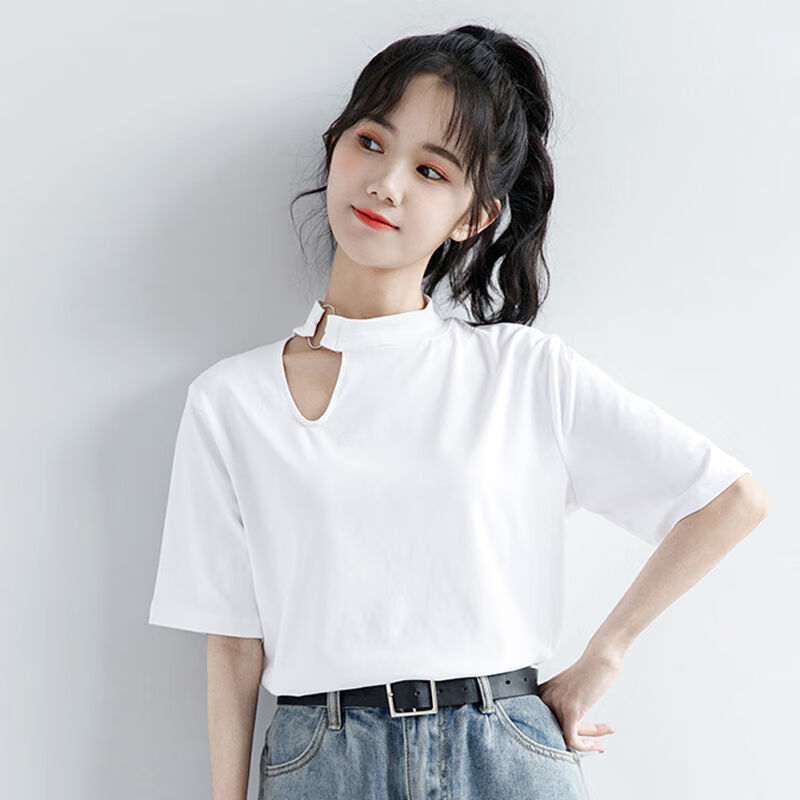 伊渊浅女士夏天女高领宽短袖衣韩版半高领镂空夏季短袖t恤修身显瘦短