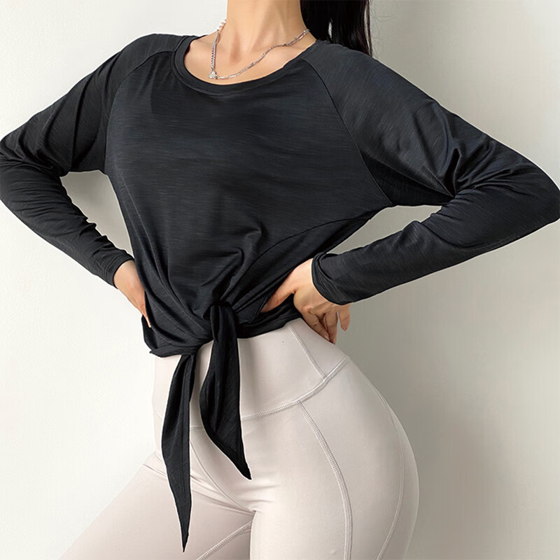 MITAOGIRL 健身跑步服女2021春季新款侧开叉运动罩衫T恤瑜伽服圆领宽松速干透气 黑色 M