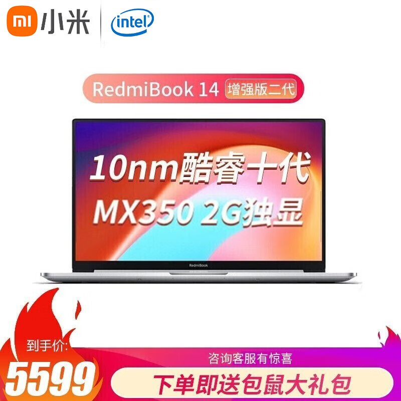 小米RedmiBook 14 二代MX350独显高性能超轻薄新品笔记本电脑全面屏全金属红米学生游戏本 【10nm酷睿十代i7 16G内存 512G固态】 office办公软件 荣耀银