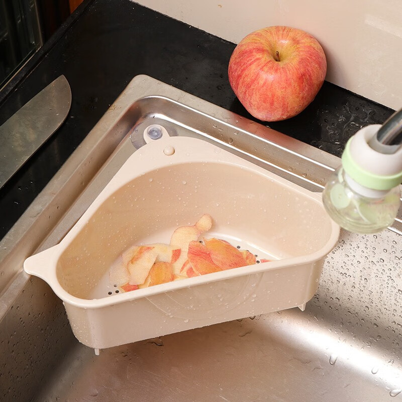 厨房水槽三角沥水篮吸盘式洗菜盆过滤水置物架洗碗池抹布收纳挂篮 米色