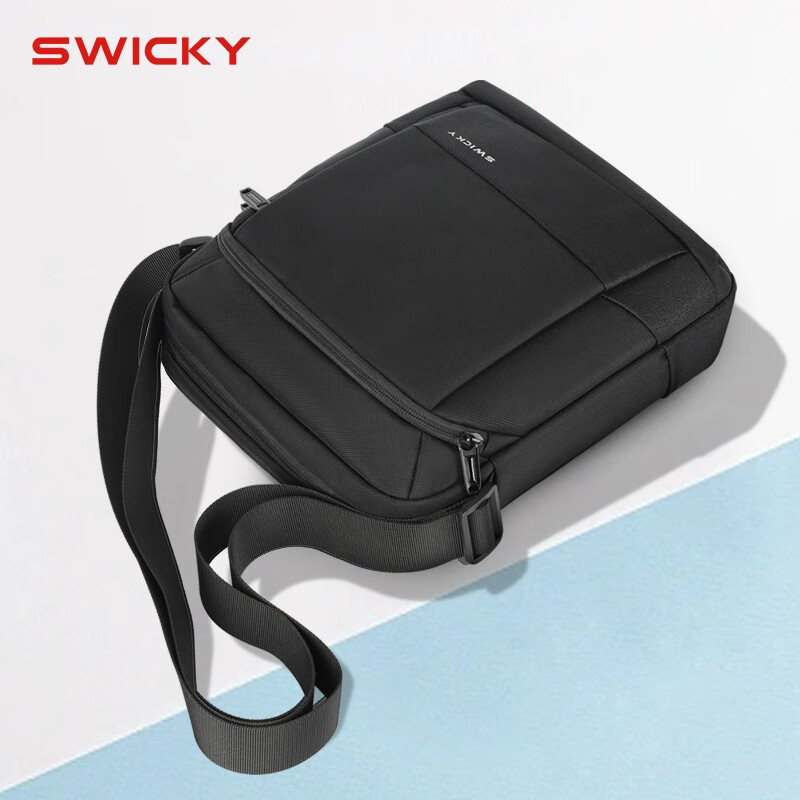 SWICKY瑞士单肩包男士休闲斜跨包通勤百搭轻便大容量商务运动男包挂包男 大号经典黑色【可放11英寸平板】