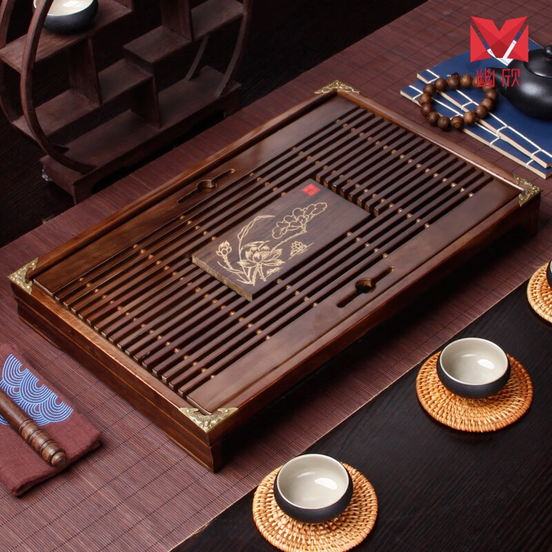 黑紫檀木纯实木茶盘原木家用天然排水式大号中式储水式抽屉式茶台 荷