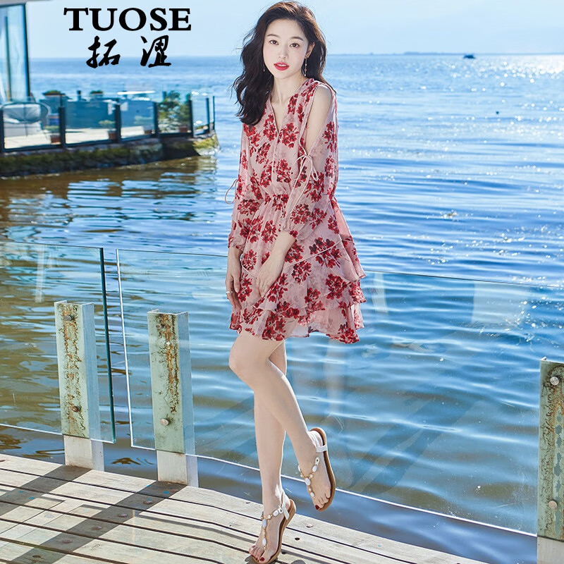 拓澀（TUOSE）連衣裙夏新款雪紡碎花小個(gè)子復(fù)古小眾短裙仙女氣質(zhì)沙灘裙 圖片色 L