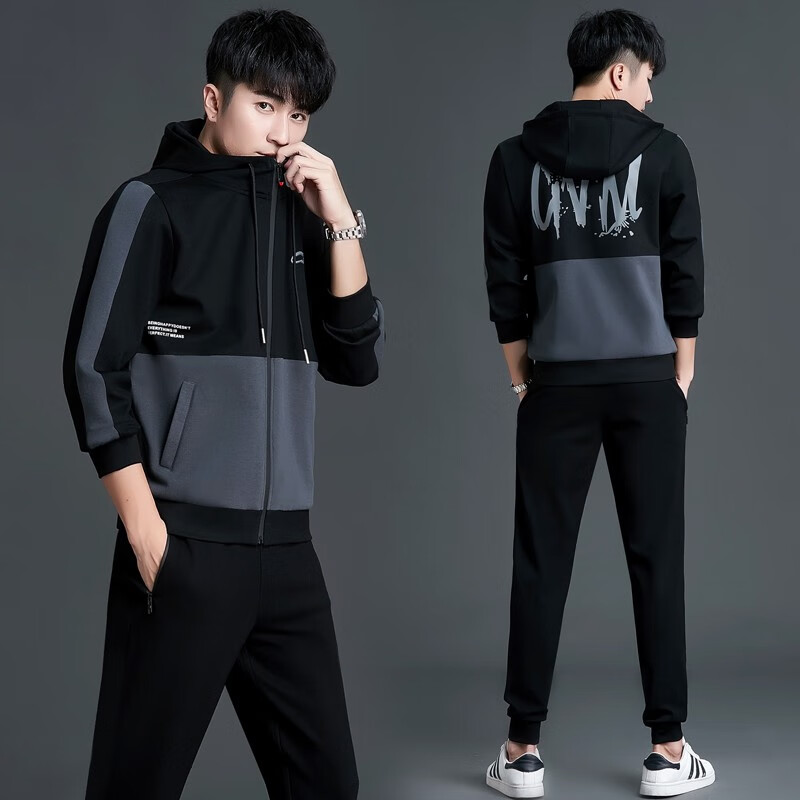 连帽卫衣拼色潮牌搭配运动服帅气一套 黑色 男m(建议体重95-110斤)