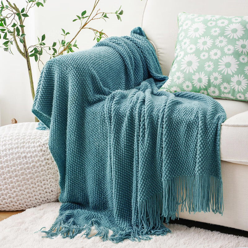 OLIVER TEXTILES北欧纯色毛毯盖毯莫兰迪针织毯子沙发装饰毯民宿床尾毯搭巾披肩毯 蓝绿色 127x170cm（含流苏）