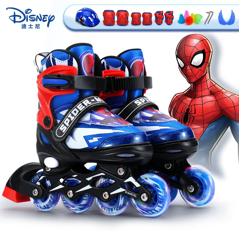 迪士尼（Disney）轮滑鞋儿童 套装全闪光溜冰鞋可调旱冰鞋滑冰鞋男女直排轮滑轮鞋 蜘蛛侠S码