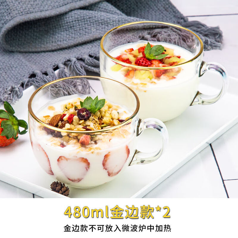 早餐杯玻璃杯带把手水杯女牛奶杯家用咖啡杯子玻璃透明带盖带勺子 金边大容量480ml牛奶杯 两只装