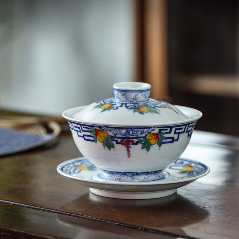 百弘 釉下五彩福寿安康盖碗茶杯 景德镇茶具手工陶瓷三才杯手绘泡茶碗