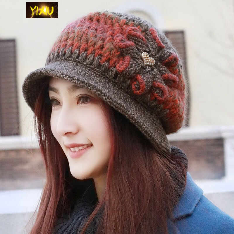 德朔中老年加厚盆帽时装帽羊毛帽女帽妈妈帽针织毛线帽女士冬帽 橘咖