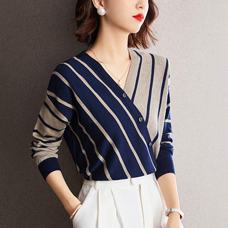 记忆点(jiyidian)女针织衫薄款长袖套头针织打底衫春秋冬季条纹v领薄