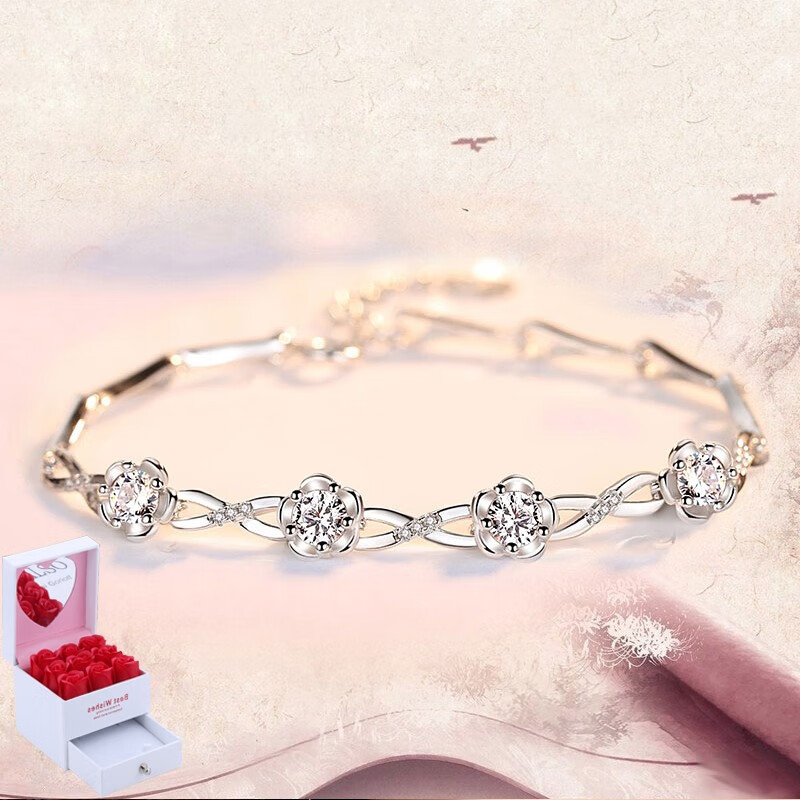 s925银手链女款简约气质女士闺蜜手链桃花缘 三生三世桃花缘手链-白锆
