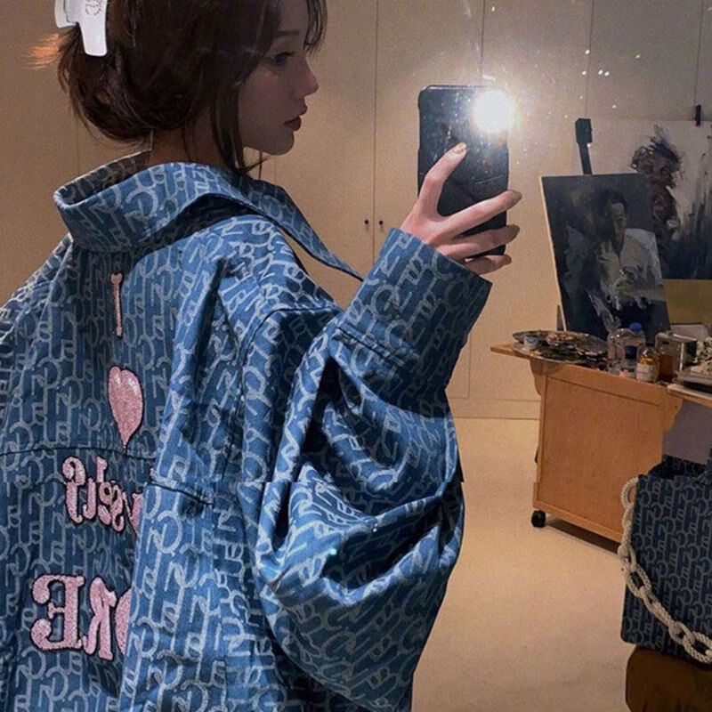 传祺威登胖mm特大码300斤春秋宽松炸街开衫上衣女大肚腩遮肉牛仔长袖