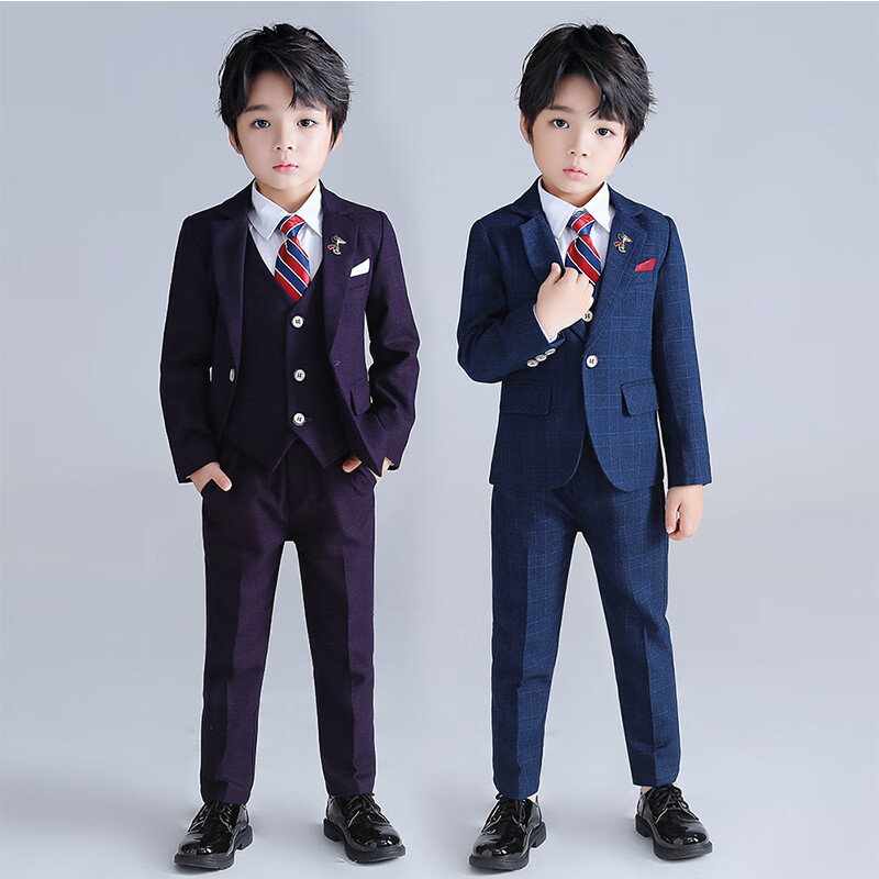 儿童礼服秋冬童装男童西装主持人小西服加绒加厚套装长袖花童帅气2022新款小学生正装走秀钢琴表演出宝宝 蓝色常规5件套(外套+裤子+马甲+领带+胸针) 80码/建议体重15-21斤属于什么档次？