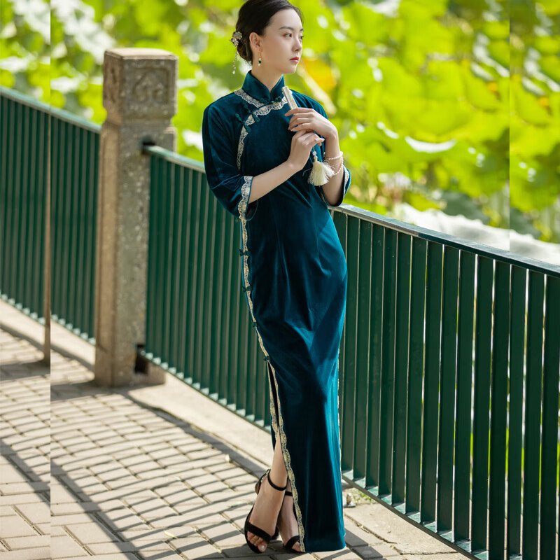 逸福新款秋季高雅蕾丝边蓝色金丝绒长旗袍修身复古五分袖 孔雀蓝色 s