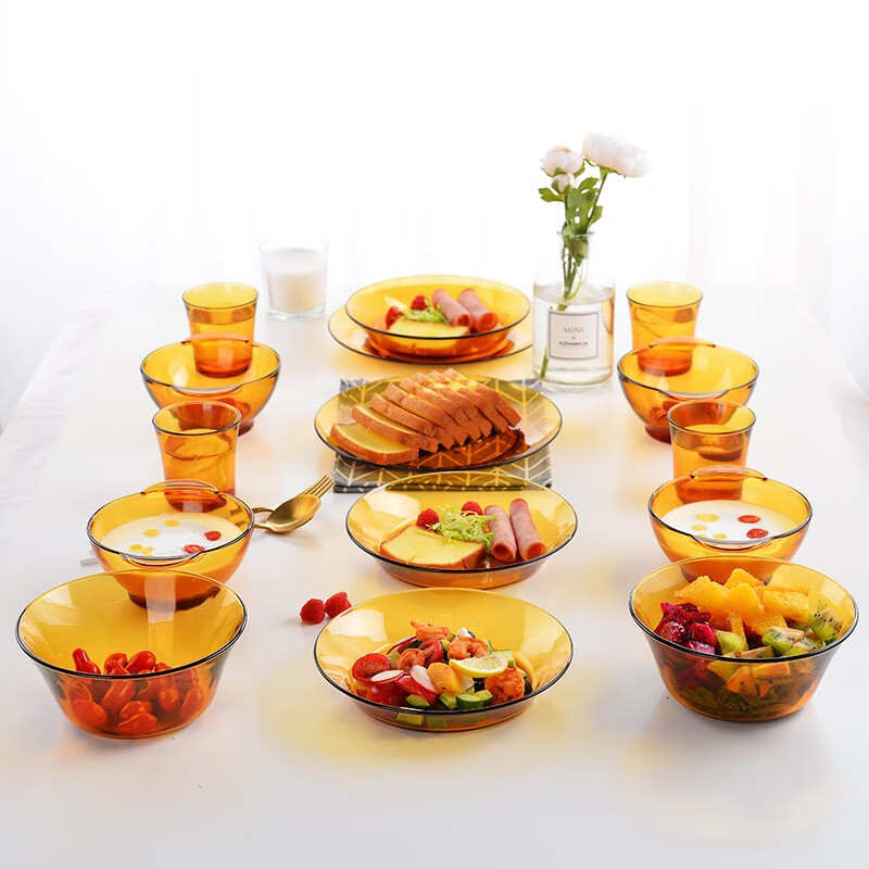 DURALEX多莱斯 法国进口钢化玻璃餐具碗盘碟套装微波炉适用 4人14件套 4人14件-B款