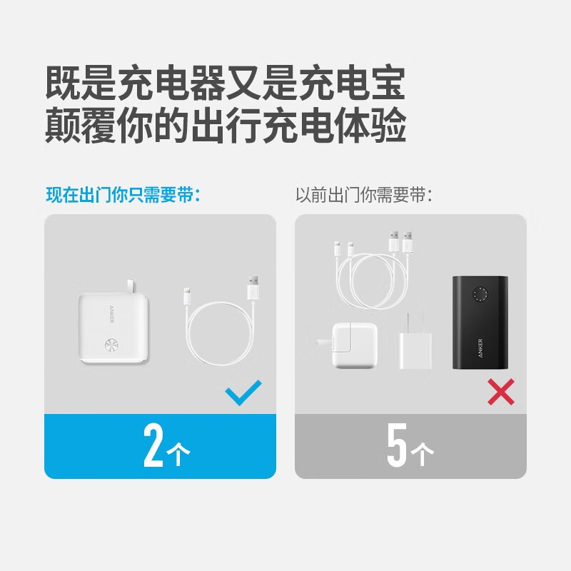 Anker安克 充电宝充电器二合一PD20W快充10000移动电源9700毫安时苹果安卓iPhone13/12华为小米带线可折叠