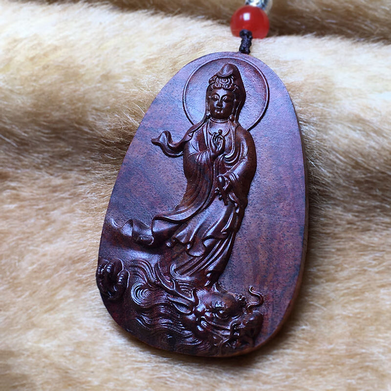 时乾 海南黄花梨木挂件 乘龙观音吊坠 木制佛像项链木质观音菩萨项坠
