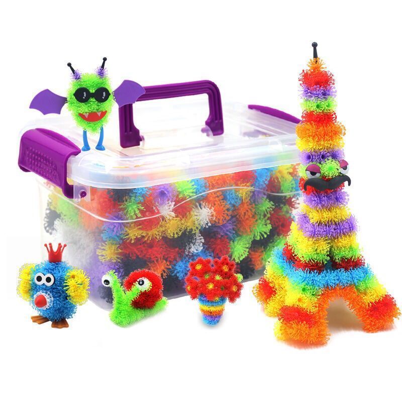 儿童手工玩具魔法捏捏球DIY拼接蓬蓬积木幼儿园美工塑料毛绒球 400粒+收纳盒+图纸+36配件