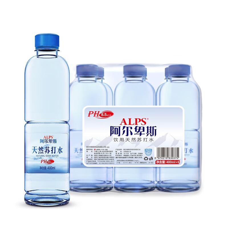 阿尔卑斯天然苏打水400mlx6瓶 整包饮用水 无气天然弱碱性水