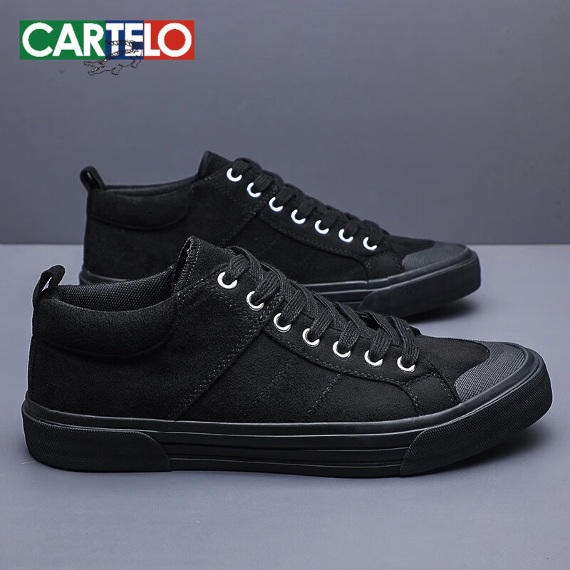 卡帝乐鳄鱼(cartelo)秋季新款男鞋仿皮绒拼色中帮帆布鞋系带学生板鞋