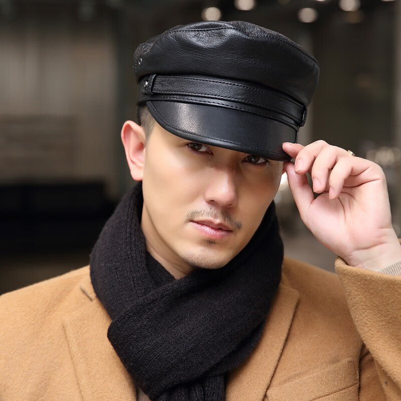 smvp真皮帽子男士秋冬季户外休闲山羊皮帽男韩版时尚保暖平顶帽军帽