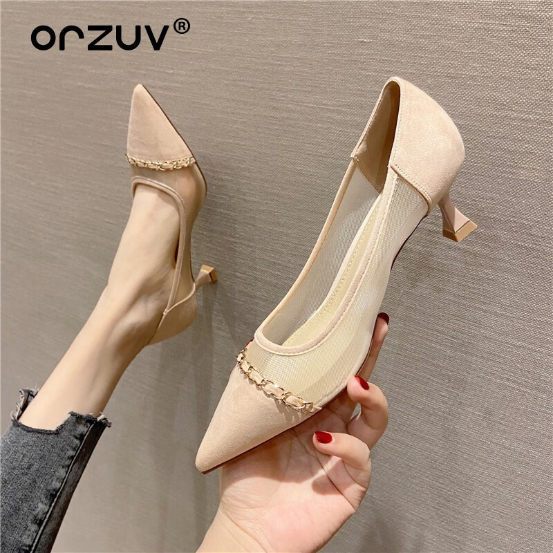 ORZUV品牌网纱法式高跟鞋女蕾丝女神尖头浅口中跟单鞋女小香风 米色 7CM 37