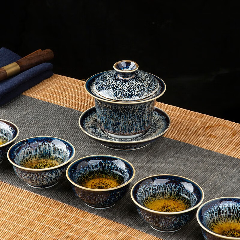 鋆钰景德镇陶瓷茶具套装曜变天目釉礼品盖碗套组茶漏盖置 盖碗十件套 6人饮 10件 色釉