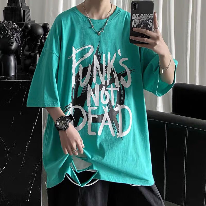 熊夏季破洞短袖男学生潮流嘻哈衣服炸街个性t恤港风ins潮流男 绿蓝105