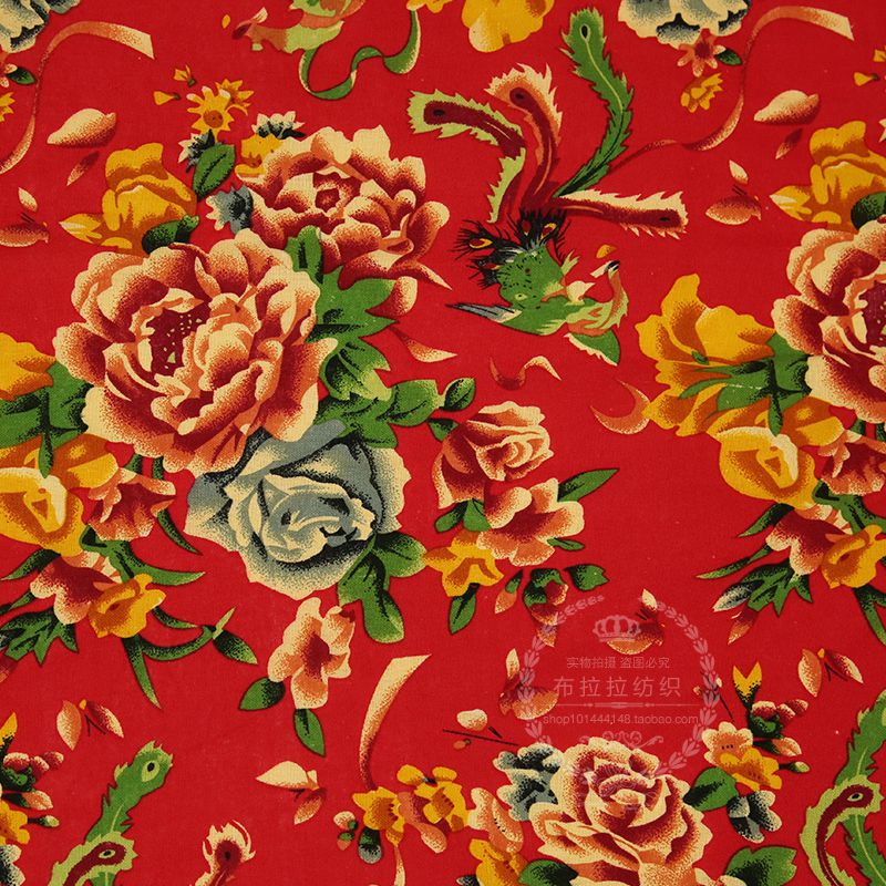 谜漾东北大花布料大红棉麻印花布秋冬服装面料民族风中国风凤凰牡丹布