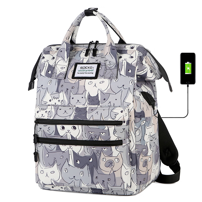 圣兰戈双肩包女15.6英寸笔记本电脑包16.1适用华硕惠普华为背包学生书包 猫咪灰 15.6-16.1英寸