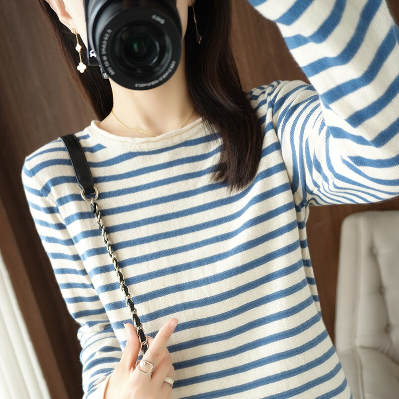 大唐喜乐牛23春季新款圆领条纹卷边针织衫女线长袖t恤宽松打底 米兰 s
