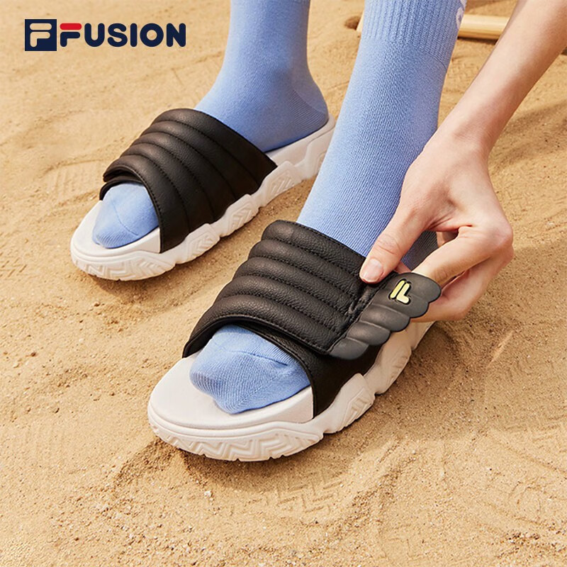 fila fusion斐乐潮牌barricade slipper女鞋潮流拖鞋2023夏沙滩鞋 黑