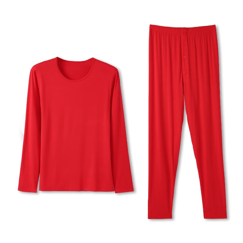 安之伴保暖内衣男秋季简约纯色保暖透气休闲打底圆领男士秋衣秋裤两件套 大红 2XL