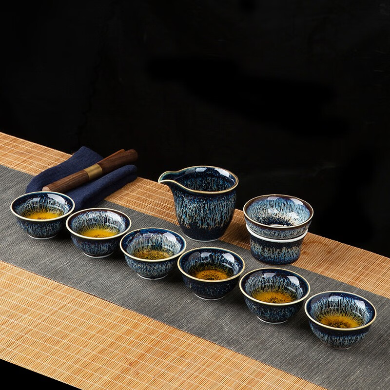 鋆钰景德镇陶瓷茶具套装曜变天目釉礼品盖碗套组茶漏盖置 盖碗十件套 6人饮 10件 色釉