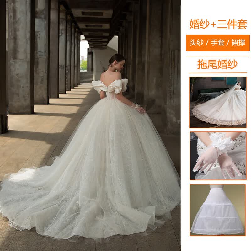 百俪佳媛婚纱 一字肩婚纱新娘2023新款气质主纱质感风法式大拖尾轻2023 白色拖尾款《婚纱加三件套》 M体重100斤左右高性价比高么？