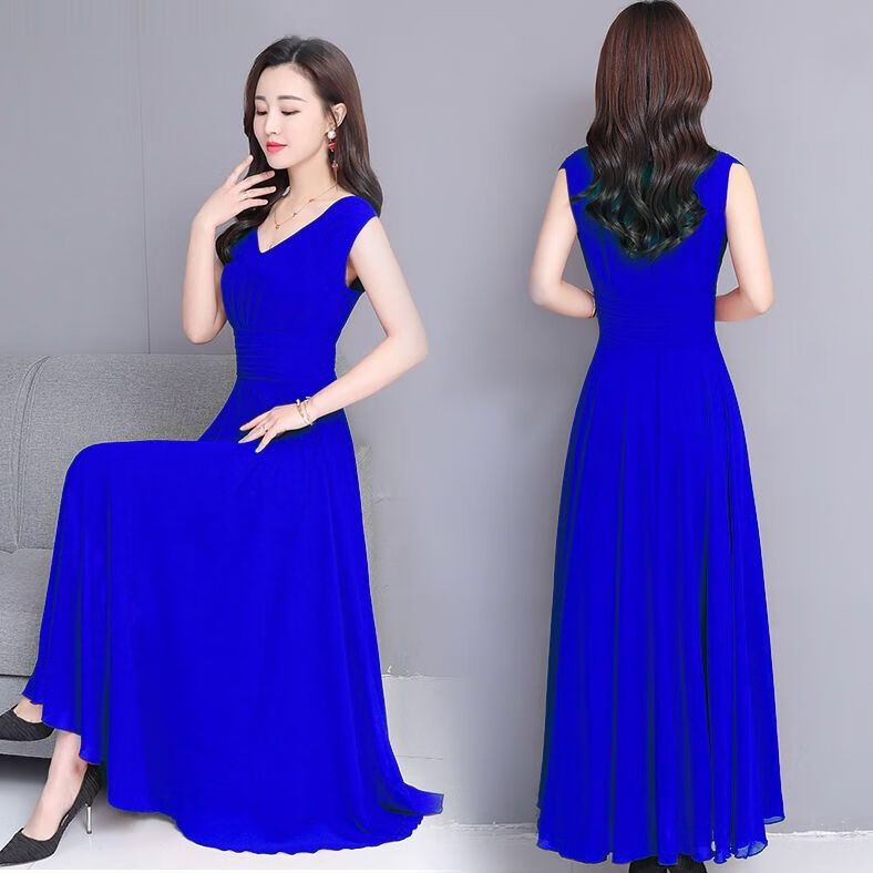 hou)小个子沙滩连衣裙女夏天长裙雪纺连衣裙长款2023新款宽松 宝蓝色