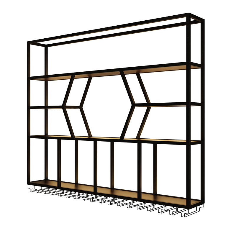可定做 精甄 红酒柜家用酒架吧台壁挂酒架收纳铁艺展示架白酒架葡萄酒架墙上隔断酒柜 六边款长140*20高125 金色