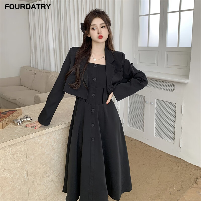 fourdatrymm黑色西装连衣裙套装裙春夏季2024新款女装收腰显瘦吊带裙