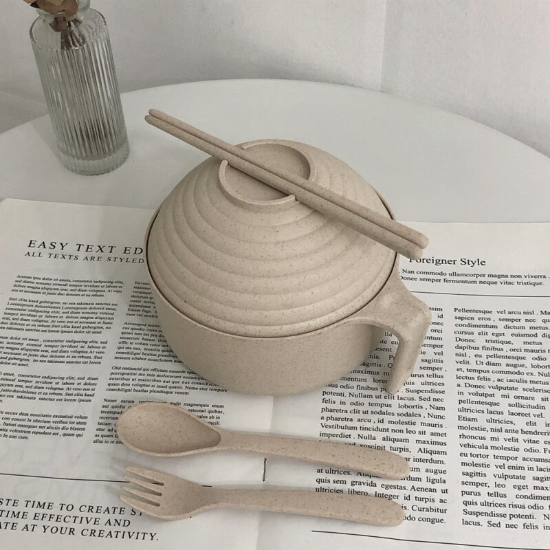 曲和（QUHE）学生宿舍泡面碗神器带盖大碗日式小麦秸秆餐具饭盒方便面碗筷 佛系泡面碗5件套(米)