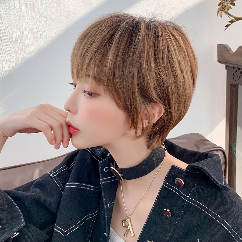 假发女短发中性韩版波波头假发头套女bobo头时尚假发 青木亚麻灰(头顶