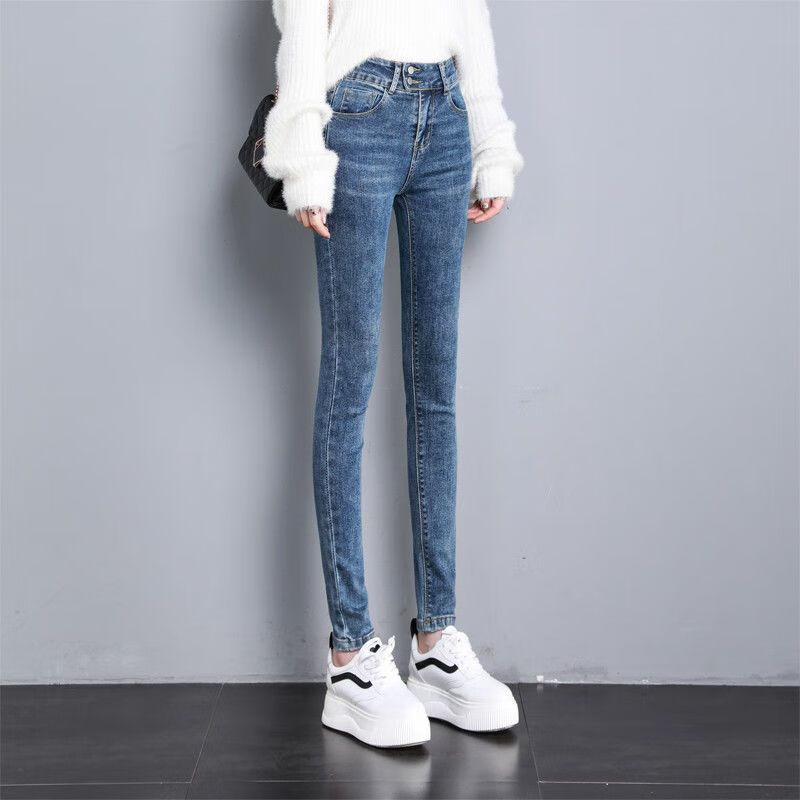 倍安伦紧身牛仔裤女生小脚翻边修身显瘦加长牛仔裤女修身显瘦紧身长裤