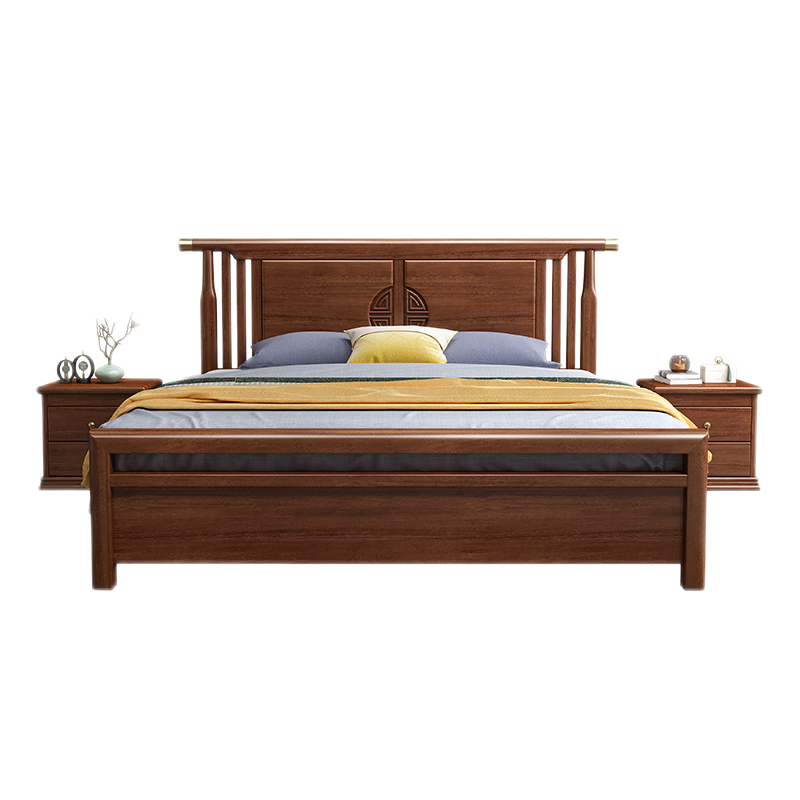 优卡吉 新中式实木床小户型胡桃木家具轻奢简约1.8婚床主卧双人床YJ-601 1.5/1.8米单床+20CM床垫+床头柜1