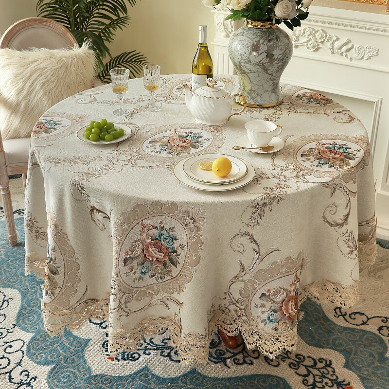 乐唯仕欧式大圆桌桌布轻奢高级感圆形家用茶几布高端雪尼尔桌子餐桌台布 嘉宝丽-米(织绣款) 200cm直径圆桌布适合140圆桌