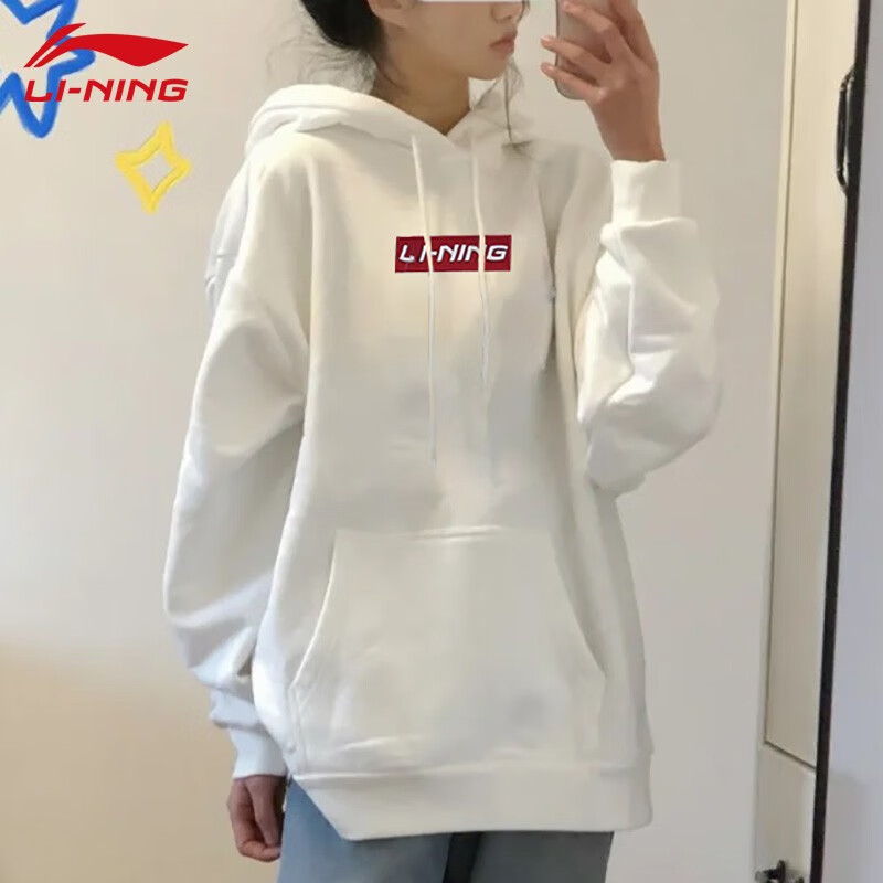 李宁（LI-NING） 李宁连帽卫衣女情侣2022秋冬季新款加绒套头宽松刺绣休闲上衣国潮跑步运动服 少女白 L