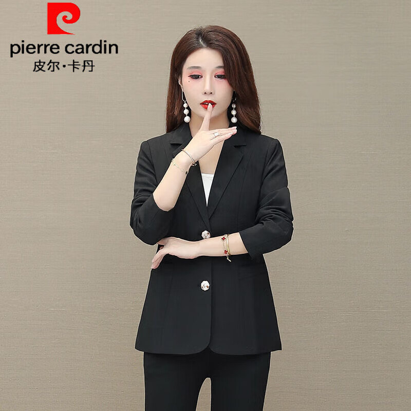 皮尔卡丹小个子女装小西装外套女潮ins春秋季款中年西装外套秋装 黑色