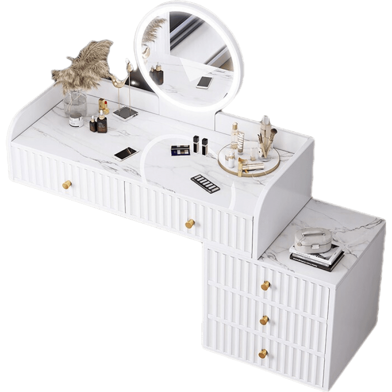 宜造 梳妆台卧室现代简约小户型化妆台轻奢网红ins风化妆桌子 【三抽边柜款】白色+白色大理石纹色+灯带