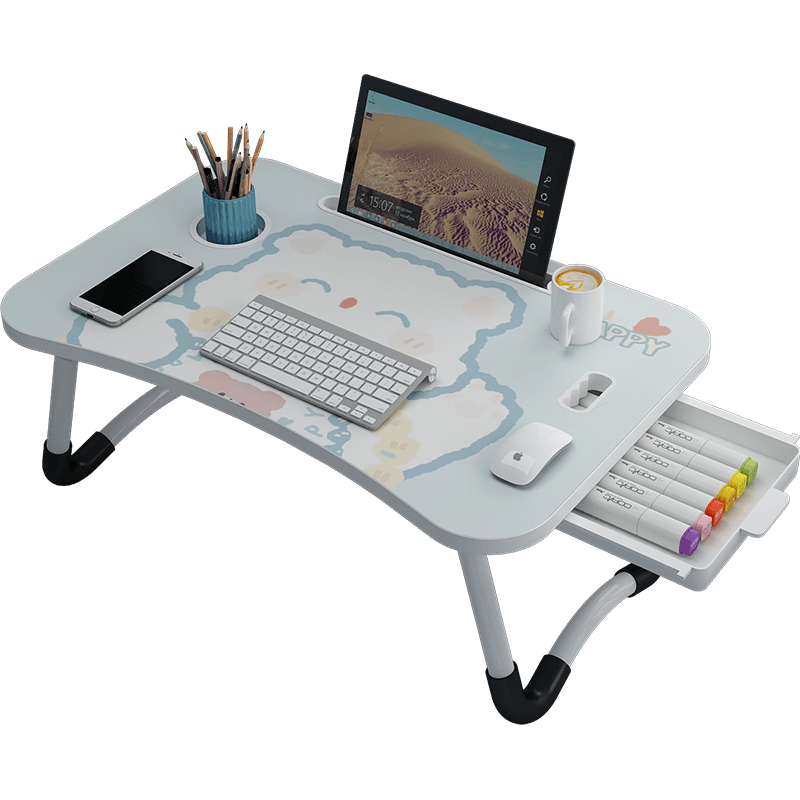 第一森林床上电脑桌学生宿舍神器懒人床上桌可折叠笔记本桌子 小熊绿(卡槽+杯托+抽屉+W型防滑腿+拉手)