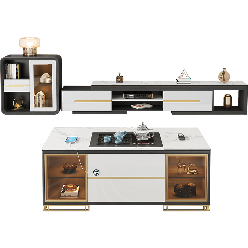 优卡吉 岩板茶几多功能自动升降功夫茶几带茶盘一体茶桌台客厅家用泡茶桌CJ-XCX5-1 1.3米茶几+伸缩电视柜