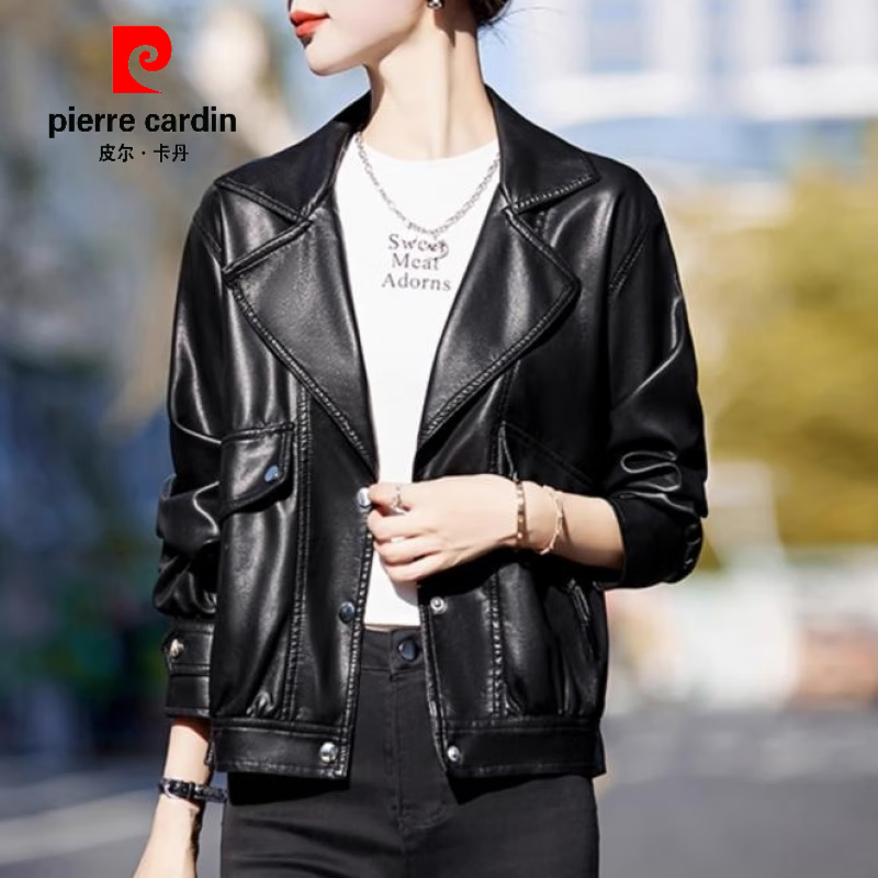 皮尔卡丹（pierre cardin）春秋新款翻领休闲时尚机车夹克上衣宽松长袖真皮皮衣气质外套女潮 黑色 XL 建议122斤以下属于什么档次？